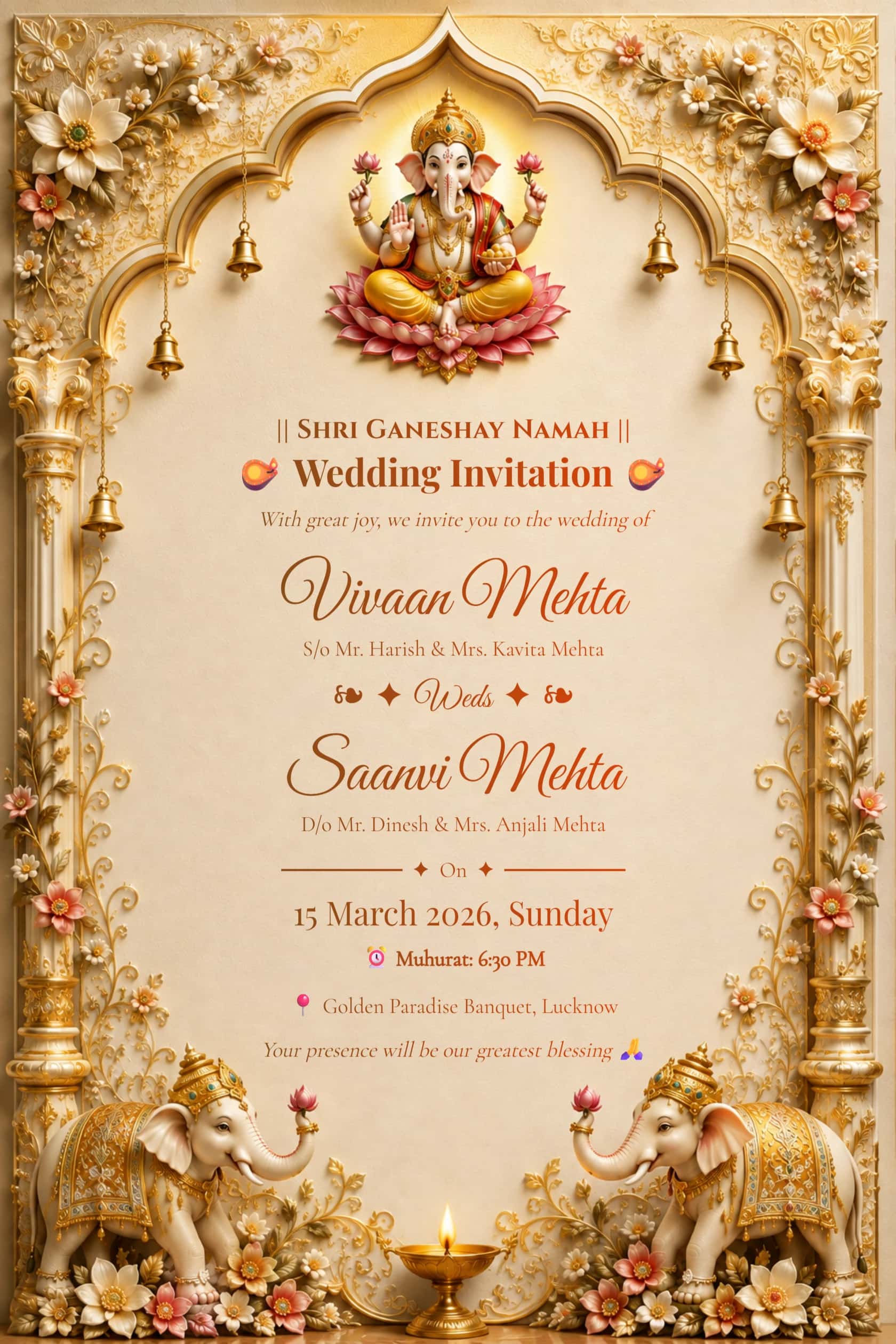 Ivory gold Ganesh Hindu wedding invitation card with elephant motif