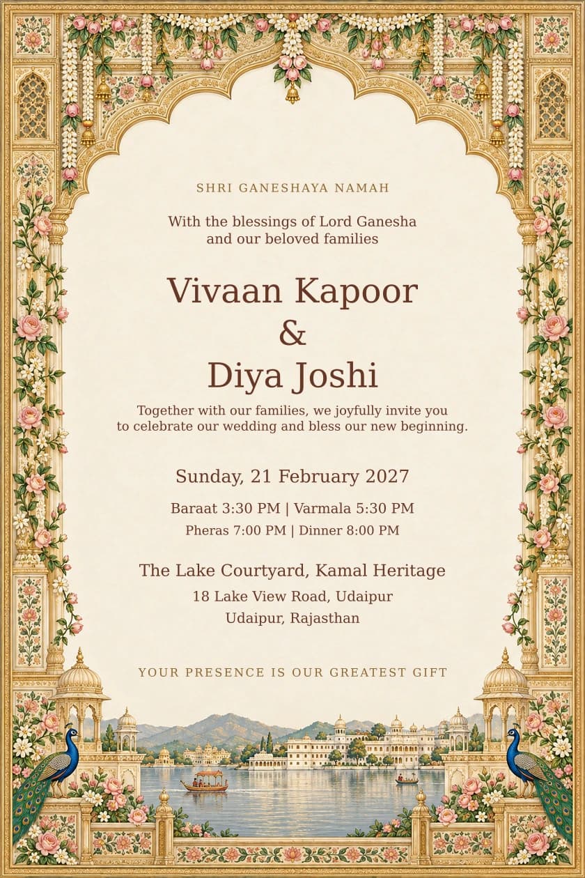 Ivory Lotus English Hindu wedding invitation for Vivaan Kapoor and Diya Joshi