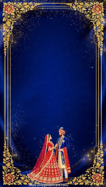 Luxury Royal Blue Wedding Invitation Card with Gold Floral Frame