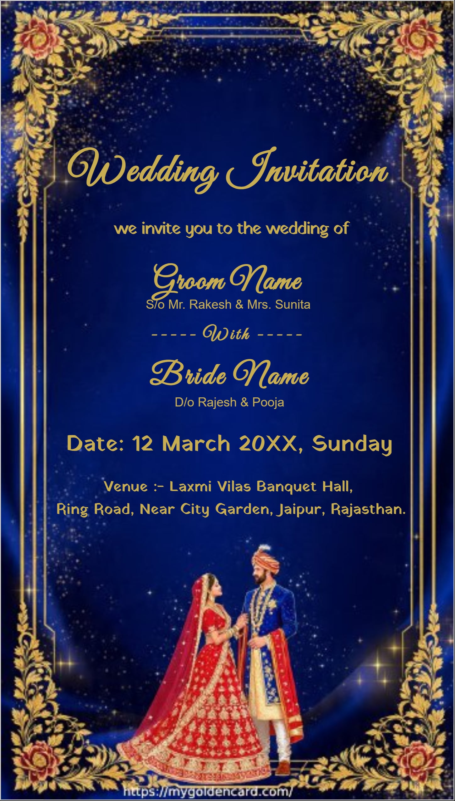 Luxury Royal Blue Wedding Invitation Card with Gold Floral Frame