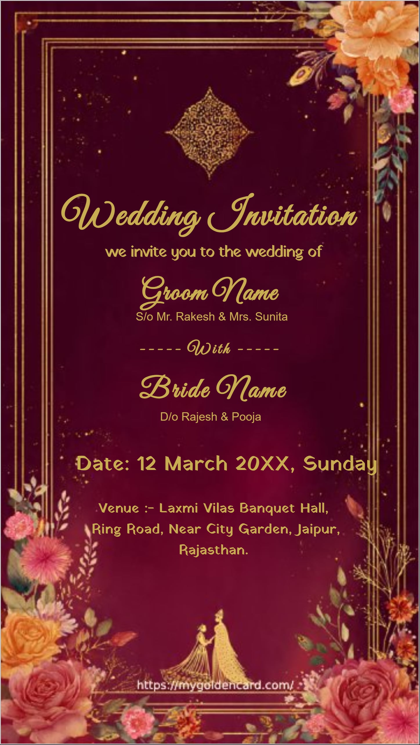 Royal maroon and gold wedding invitation